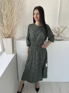 AX (M) Zöld Fekete Sűrű Foltmintás, Hátul Nyakban Gombos Derékban Darázsolt, Oldalt Sliccelt Ruha