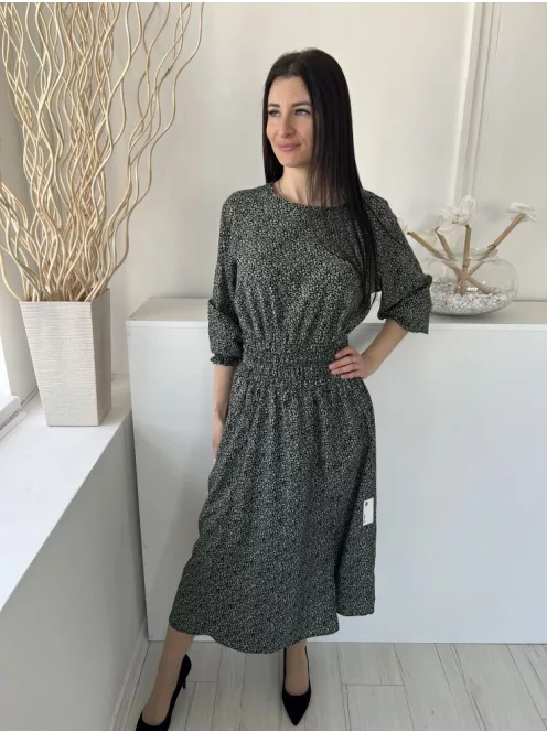 AX (M) Zöld Fekete Sűrű Foltmintás, Hátul Nyakban Gombos Derékban Darázsolt, Oldalt Sliccelt Ruha