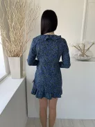 New Look (M) Fekete Kék Sűrű Virágos, Átlapolt Oldalt Megkötős, Fodros Szegélyű Ruha