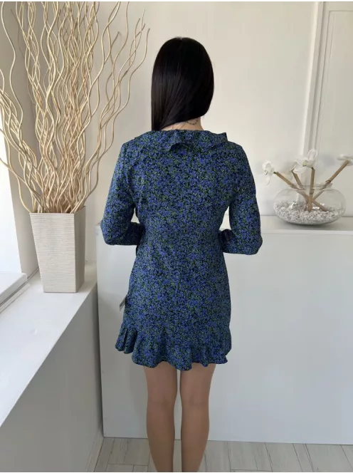 New Look (M) Fekete Kék Sűrű Virágos, Átlapolt Oldalt Megkötős, Fodros Szegélyű Ruha