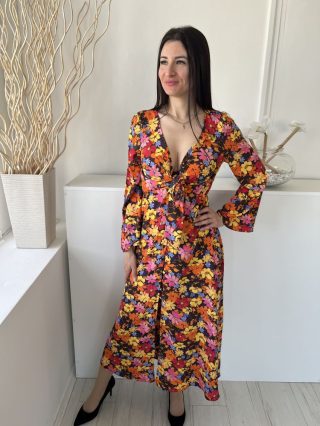   Asos (S) Fekete Színes Virágos, Mellnél Megkötős Elől Végig Gombos, Sliccelt Ruha