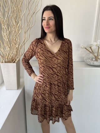   By Very (S) Barna Sötétbarna Csíkos, V Kivágású Hálós Anyagú, Bélelt, Fodros Aljú Ruha