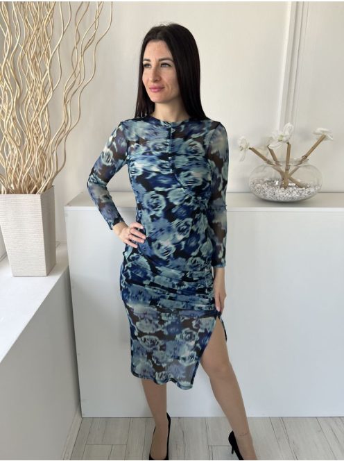 River Island (S) Fekete Kék-Sötétkék Foltmintás, Hálós Anyagú Oldalt Húzott, Sliccelt Ruha