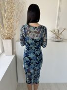 River Island (S) Fekete Kék-Sötétkék Foltmintás, Hálós Anyagú Oldalt Húzott, Sliccelt Ruha