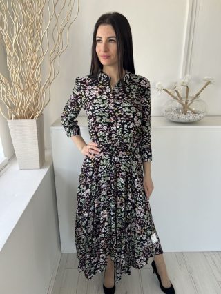   Hush (S) Fekete Színes Virágos, Mellnél Gombos Derékban Darázsolt, Aszimmetrikus Aljú Ruha