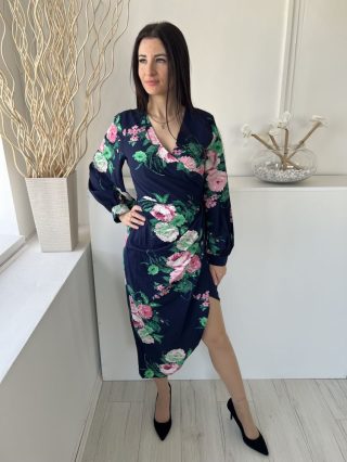   ÚJ Pink Boutique (S) Sötétkék Rózsaszín Virágos, Díszlapolású Hátul Cipzáros, Gombos Ujjvégű Ruha