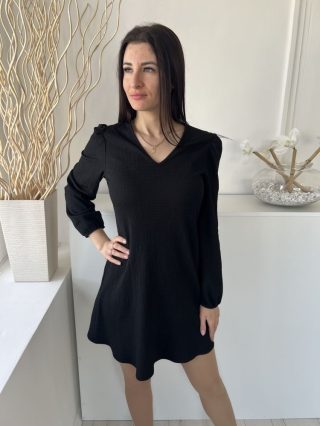   Primark (S) Fekete Anyagában Mintás, V Kivágású Vállán Ráncolt, Bőfazonú Ruha