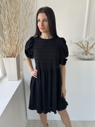   Primark (S) Fekete Anyagában Mintás, Buggyos Ujjú Kerek Nyakú, Derékban Szabott Ruha