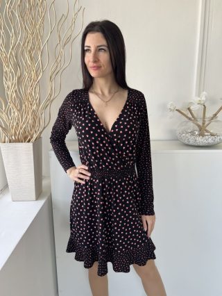  Oasis (S) Fekete Szivecske Mintás, Derékban Darázsolt Mellnél Átlapolt, Fodros Aljú Ruha