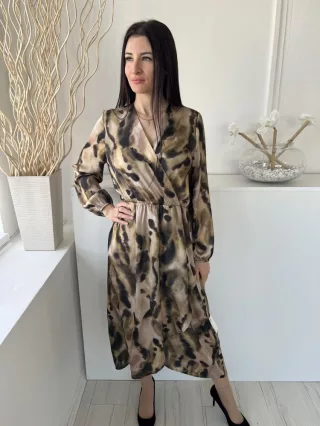   Primark (M) Sárgásbarna Fekete Fotmitás, Mellnél Átlapolt Gumisderekú, Gumis Ujjvégű Ruha