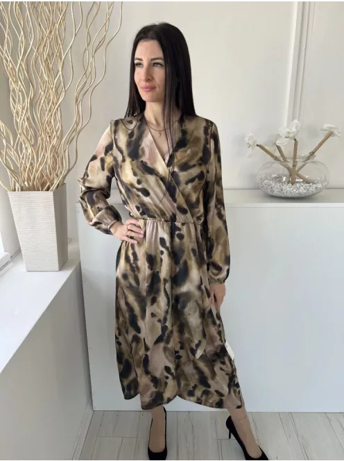 Primark (M) Sárgásbarna Fekete Fotmitás, Mellnél Átlapolt Gumisderekú, Gumis Ujjvégű Ruha