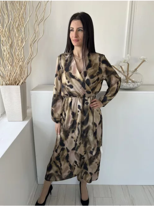 Primark (M) Sárgásbarna Fekete Fotmitás, Mellnél Átlapolt Gumisderekú, Gumis Ujjvégű Ruha