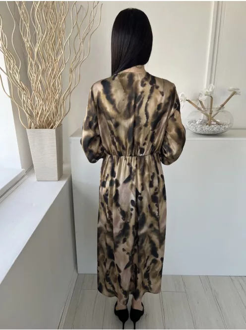 Primark (M) Sárgásbarna Fekete Fotmitás, Mellnél Átlapolt Gumisderekú, Gumis Ujjvégű Ruha