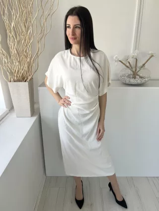   ZARA (M) Krémszínű Hátul Cipzáros, Oldalt Ráncolt Hátul Sliccelt, Denevér Ujjú Ruha