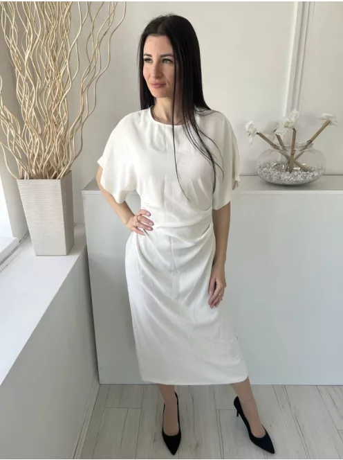 ZARA (M) Krémszínű Hátul Cipzáros, Oldalt Ráncolt Hátul Sliccelt, Denevér Ujjú Ruha