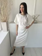 ZARA (M) Krémszínű Hátul Cipzáros, Oldalt Ráncolt Hátul Sliccelt, Denevér Ujjú Ruha