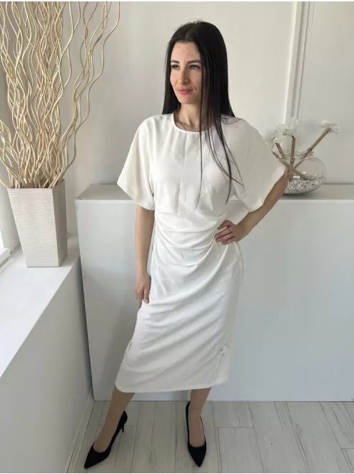 ZARA (M) Krémszínű Hátul Cipzáros, Oldalt Ráncolt Hátul Sliccelt, Denevér Ujjú Ruha