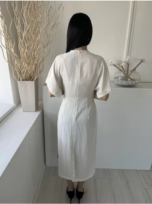 ZARA (M) Krémszínű Hátul Cipzáros, Oldalt Ráncolt Hátul Sliccelt, Denevér Ujjú Ruha