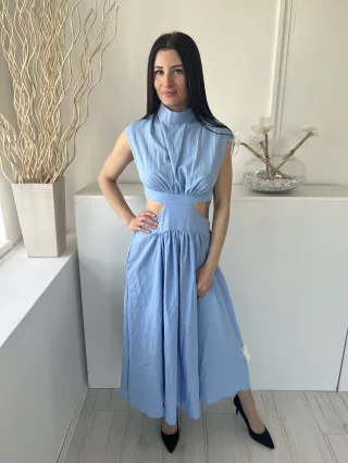    (M) Kék Hátul Cipzáros, Oldalt Kivágott Gumisderekú Ruha