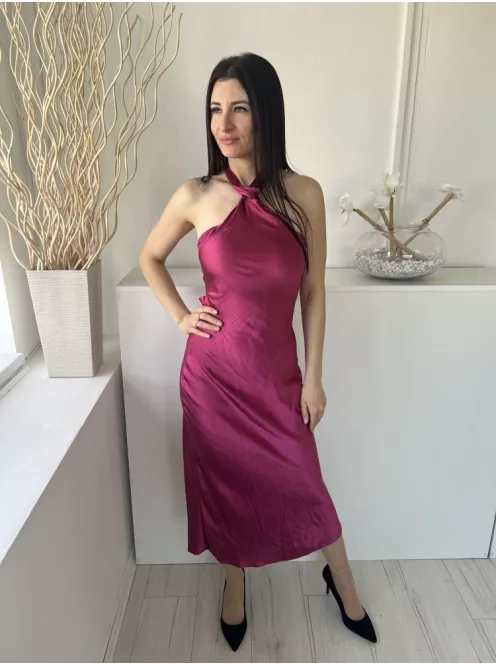 NastyGal (XS) Fukszia Hátul Nyakban Gombos, Megkötős Cipzáros, Szatén Anyagú Ruha