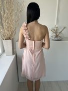  (M) Barackszínű Hátul Cipzáros, Fodros Pántú Derékban Szabott, Bélelt Ruha