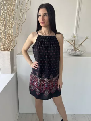   ÚJ Trixxi (M) Fekete Színes Mintás, Felül Ráncolt Pántos, Hátul Megkötős Ruha