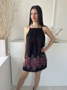 ÚJ Trixxi (M) Fekete Színes Mintás, Felül Ráncolt Pántos, Hátul Megkötős Ruha