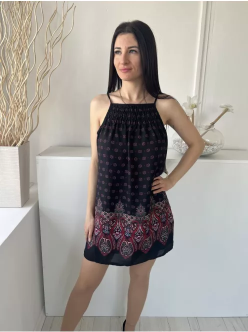 ÚJ Trixxi (M) Fekete Színes Mintás, Felül Ráncolt Pántos, Hátul Megkötős Ruha