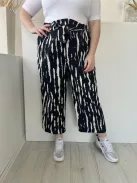 George (L) Fekete Fehér Mintás, Hátul Gumisderekú Derékban Megkötős, Bőszárú, Zsebes Nadrág