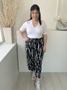 George (L) Fekete Fehér Mintás, Hátul Gumisderekú Derékban Megkötős, Bőszárú, Zsebes Nadrág