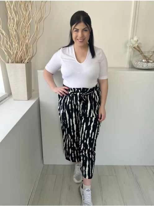 George (L) Fekete Fehér Mintás, Hátul Gumisderekú Derékban Megkötős, Bőszárú, Zsebes Nadrág