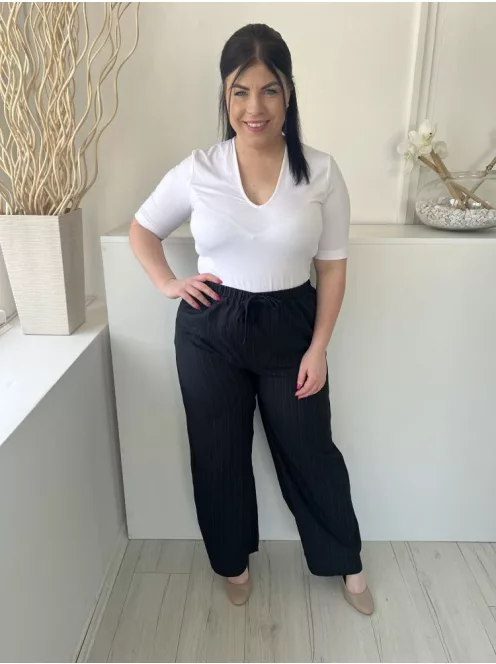  (L) Fekete Anyagában Mintás, Gumisderekú Díszmegkötős, Elegáns Fazonú Nadrág