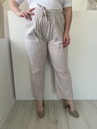   Dunnes (L) Drapp Derékban Összehúzható, Megkötős 55% Len és 45% Pamut Alapanyagú Nadrág