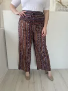 Shein (L) Bordó Színes Mintás, Darázsolt Derekú Díszmegkötős, Bőszárú Nadrág