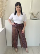 Shein (L) Bordó Színes Mintás, Darázsolt Derekú Díszmegkötős, Bőszárú Nadrág