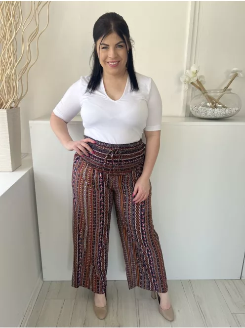Shein (L) Bordó Színes Mintás, Darázsolt Derekú Díszmegkötős, Bőszárú Nadrág