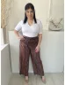   Shein (L) Bordó Színes Mintás, Darázsolt Derekú Díszmegkötős, Bőszárú Nadrág