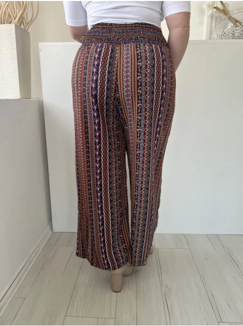 Shein (L) Bordó Színes Mintás, Darázsolt Derekú Díszmegkötős, Bőszárú Nadrág