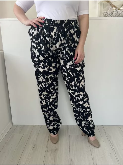  (L) Fekete Fehér Mintás, Gumisderekú Zsebes Nadrág