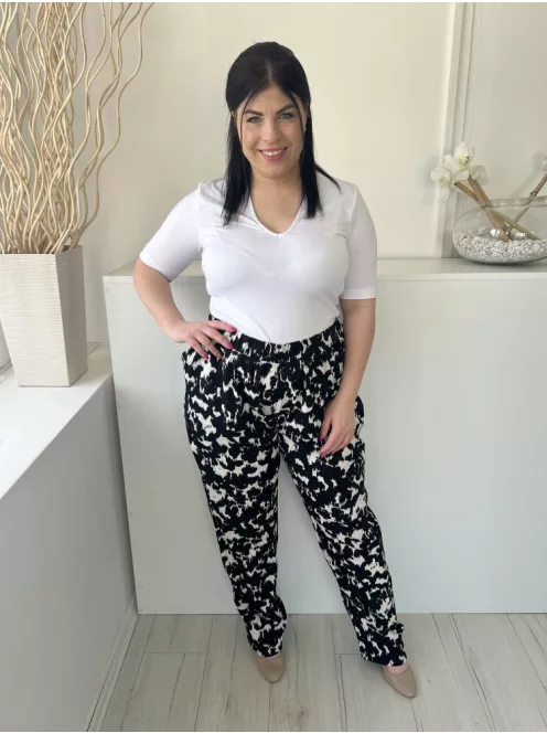  (L) Fekete Fehér Mintás, Gumisderekú Zsebes Nadrág