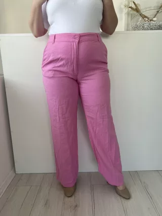   H&M (L) Rózsaszín Elől Gombos, Övtartós 45% Len Alapanyagú, Zsebes Nadrág