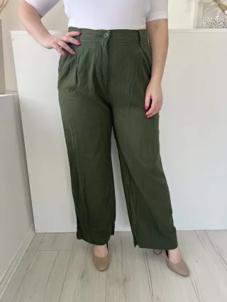   Next (L) Khaki Elől Gombos, Zsebes Övtartós, Bőszárú, 55% Len Alapanyagú Nadrág