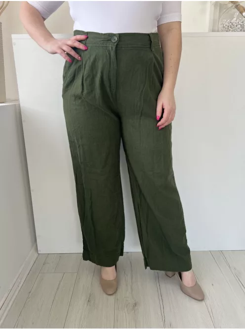 Next (L) Khaki Elől Gombos, Zsebes Övtartós, Bőszárú, 55% Len Alapanyagú Nadrág