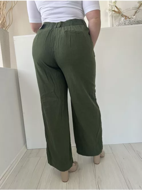 Next (L) Khaki Elől Gombos, Zsebes Övtartós, Bőszárú, 55% Len Alapanyagú Nadrág