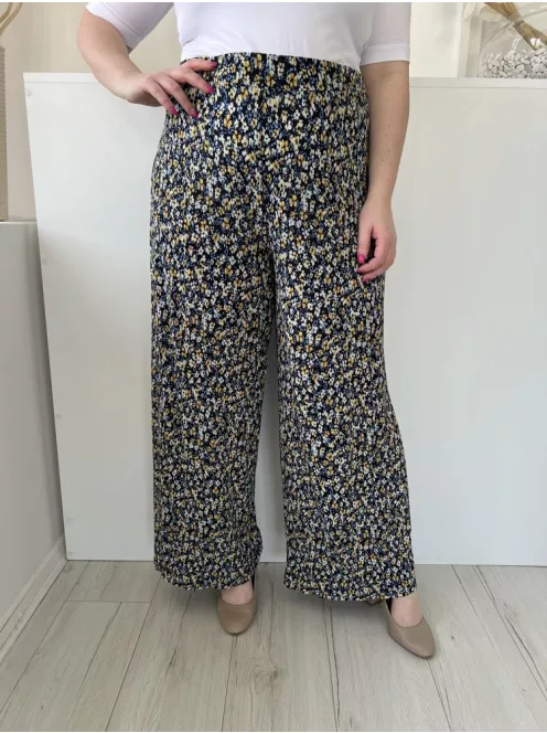 Roman (L) Fekete Színes Apró Virágos Derékban Darázsolt, Bőszárú Nadrág