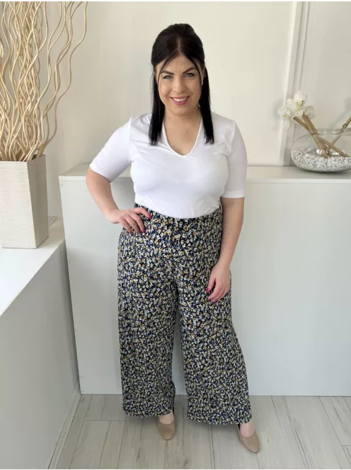 Roman (L) Fekete Színes Apró Virágos Derékban Darázsolt, Bőszárú Nadrág