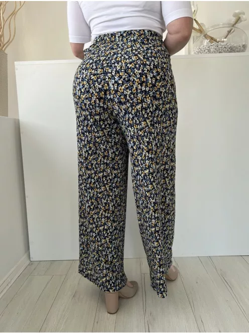 Roman (L) Fekete Színes Apró Virágos Derékban Darázsolt, Bőszárú Nadrág