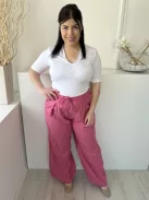 ZARA (L) Rózsaszín Derékban Összehúzható, Megkötős 52% Len Alapanyagú Nadrág