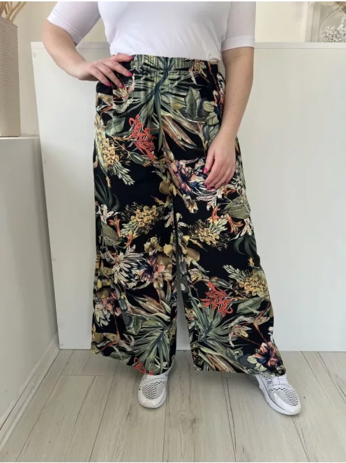  (L) Fekete Zöldlevélmintás, Gumisderekú Zsebes, Bőszárú Nadrág