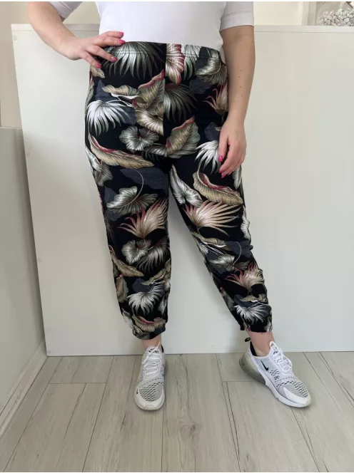  (L) Fekete Zöldlevélmintás, Gumisderekú Gumis Aljú Nadrág